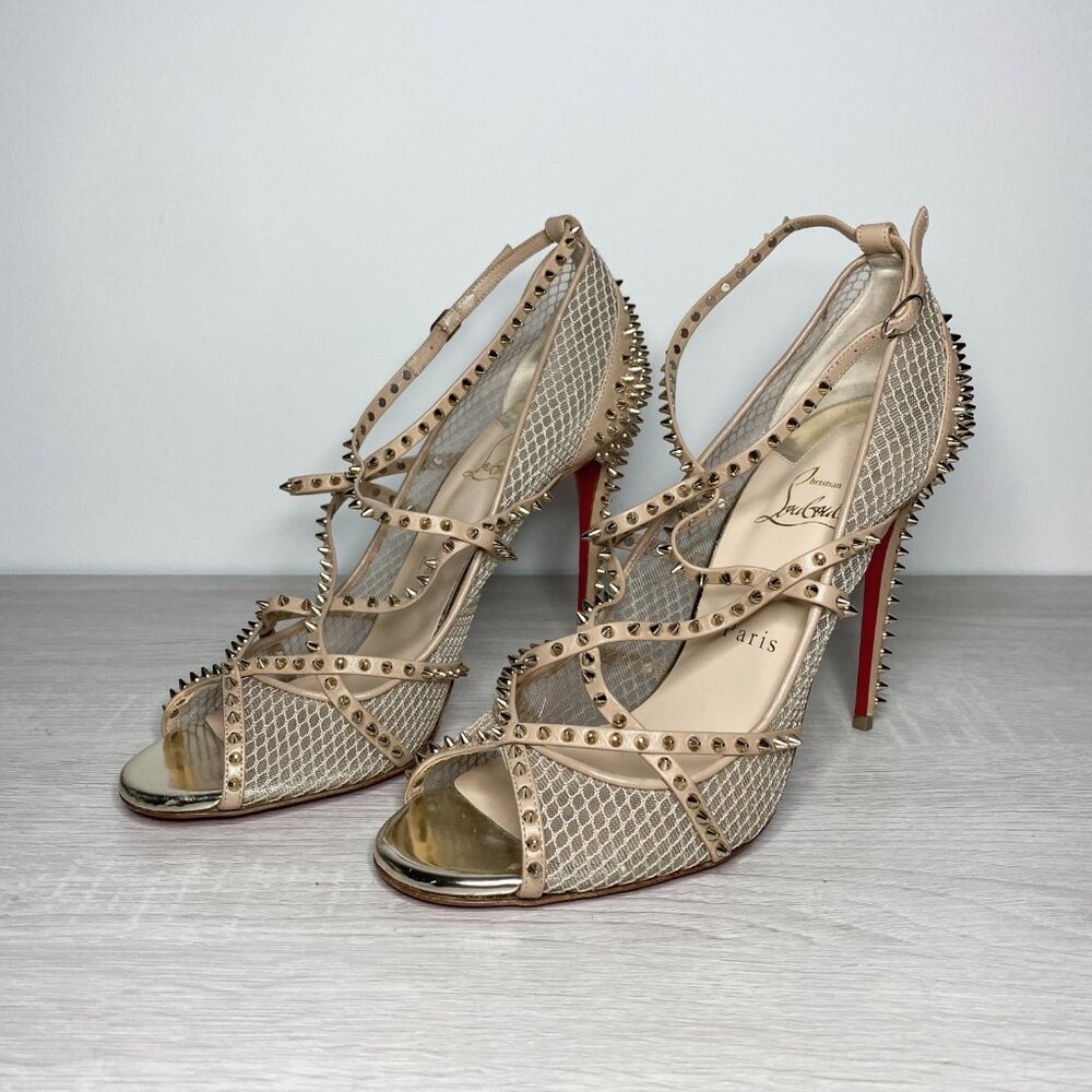 Louboutin Alarc Nude Leather Spiked Heels - Picture 3 of 9